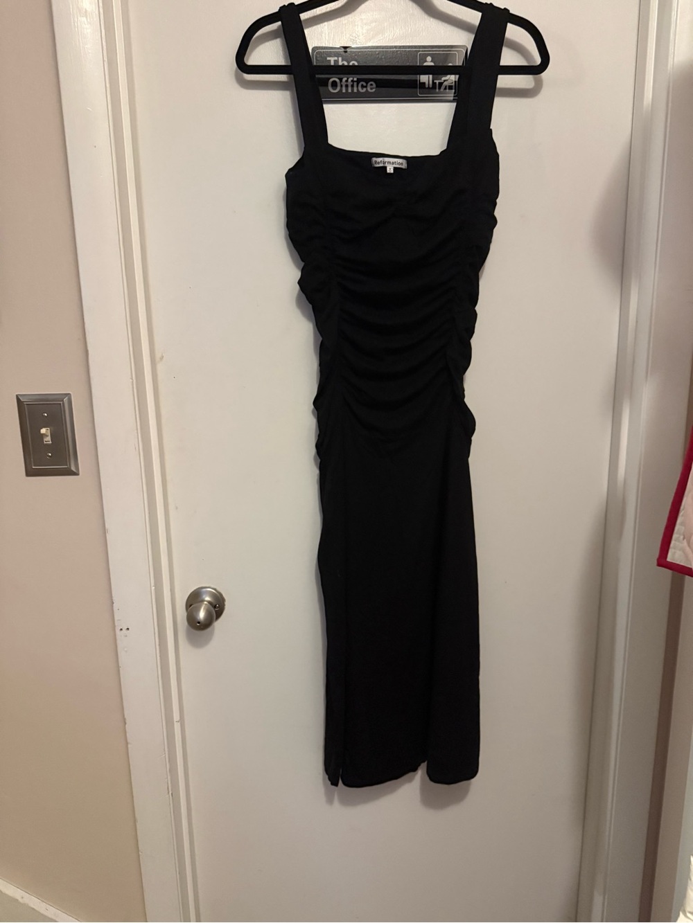 Reformation Black Ruched Midi Dress with Wide Straps and Square Neck size M